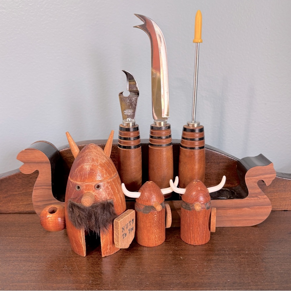 Mix Lot Vintage Wood Viking Longboat Barware, Nutcracker, Salt & Pepper Shakers